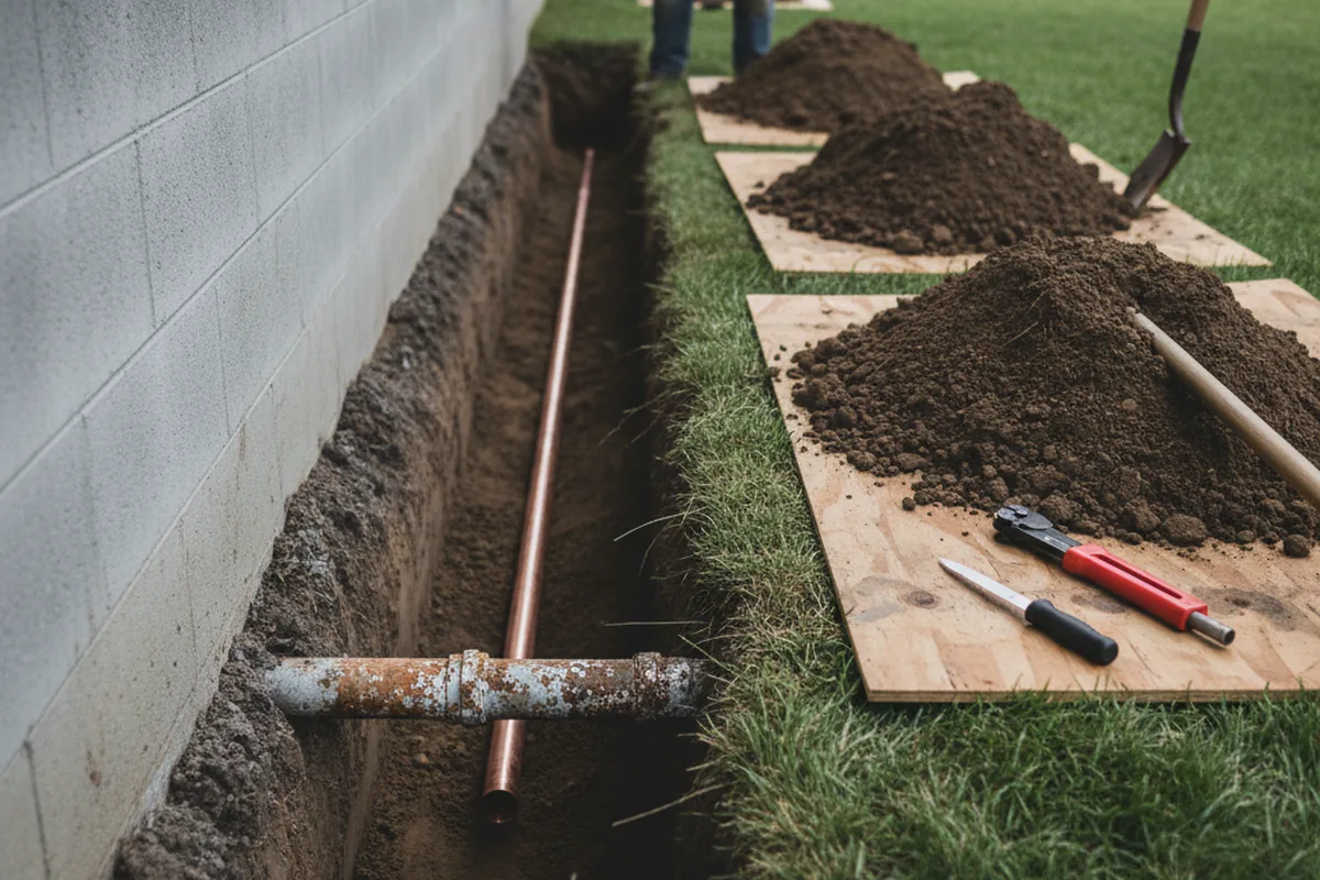 Excavated water line trench during Water Softener Installation in Heavener